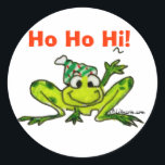 Cartoon Frog Christmas Sticker<br><div class="desc">Sticker someone with a cute cartoon frog waving HO HO HI! for the holidays.   
You can also personalise the text with your own jump for joy messages.</div>