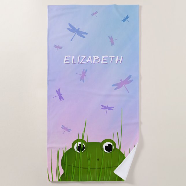 cartoon frog peeking thru grass dragonflies girls beach towel (Front)
