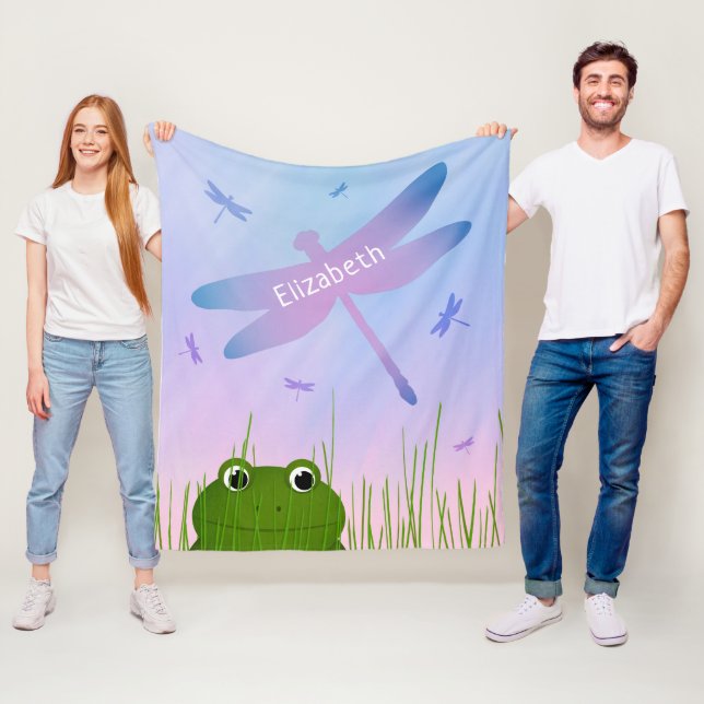 cartoon frog peeking thru grass dragonflies girls fleece blanket (In Situ)