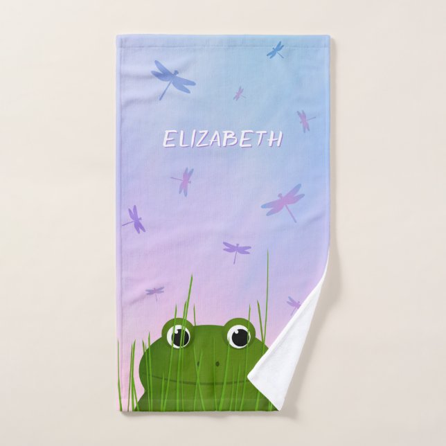 cartoon frog peeking thru grass dragonflies girls hand towel (Hand Towel)