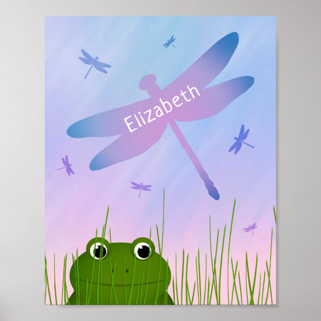 cartoon frog peeking thru grass dragonflies girls poster (Front)