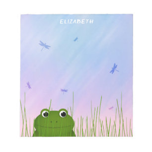 cartoon frog peeking thru grass dragonflies notepad