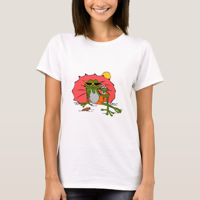Cartoon Frog Sunbathing with a Drink T-Shirt (Front)