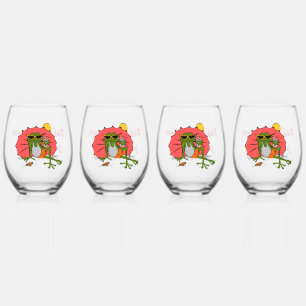 Cartoon Frog with Umbrella Retirement Party Stemless Wine Glass