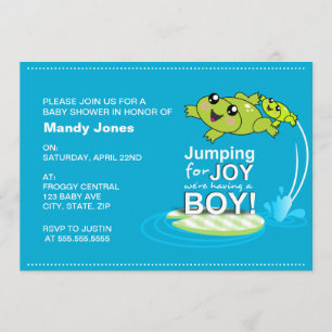 Cartoon frogs jumping for joy Blue Boy Baby Shower Invitation