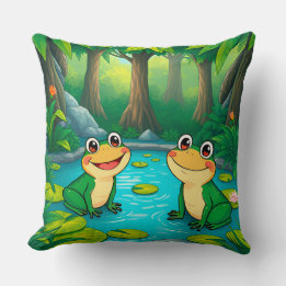 Cartoon Frogs Sitting by a Pond in Vibrant Forest Cushion