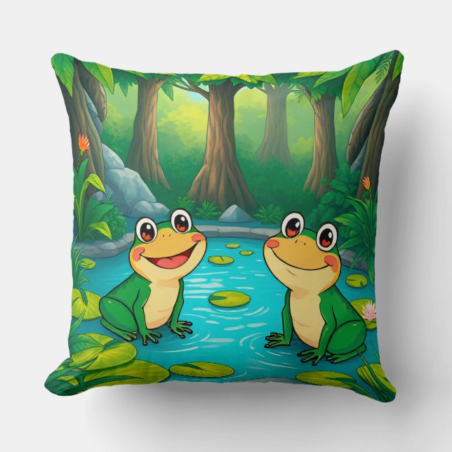 Cartoon Frogs Sitting by a Pond in Vibrant Forest Cushion (Front)