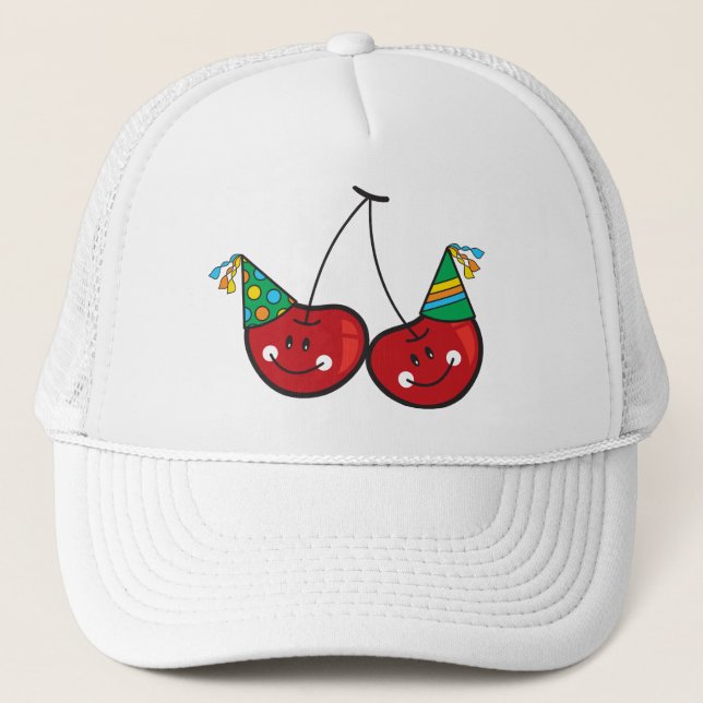 Cartoon Fun Comic Funny Cheeky Red Cherries Cherry Trucker Hat (Front)