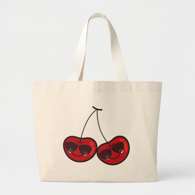 Cartoon Fun & Cool Cheeky Cherries With Sunglasses Large Tote Bag (Front)