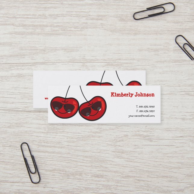 Cartoon Fun & Cool Cheeky Cherries With Sunglasses Mini Business Card (Front/Back In Situ)