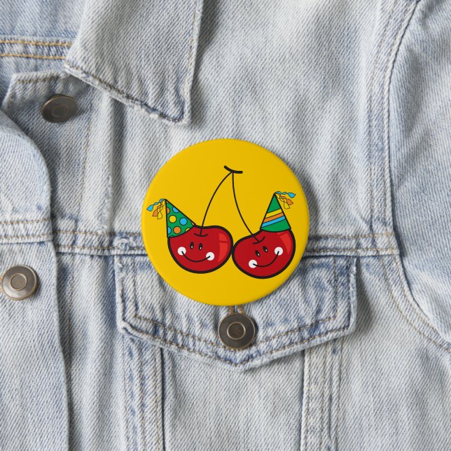 Cartoon Fun & Red Cheeky Cherries With Party Hats 7.5 Cm Round Badge (In Situ)