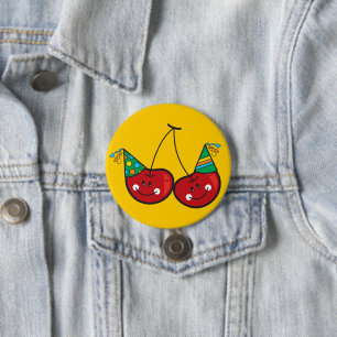 Cartoon Fun & Red Cheeky Cherries With Party Hats 7.5 Cm Round Badge