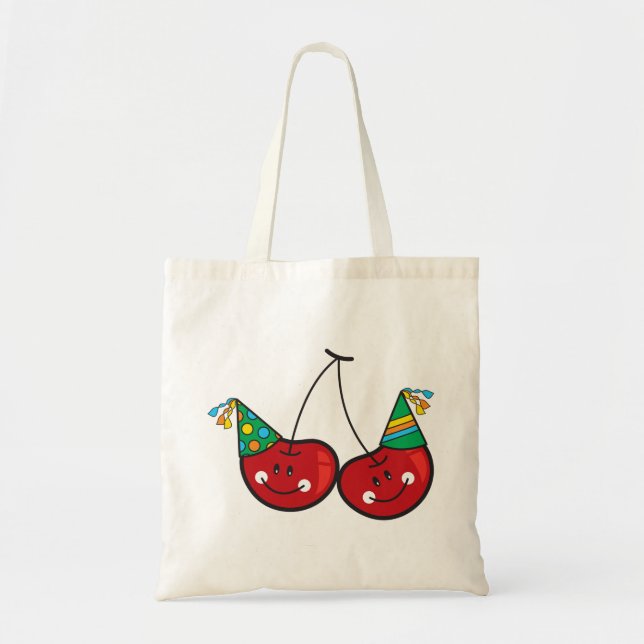 Cartoon Fun & Red Cheeky Cherries With Party Hats Tote Bag (Front)