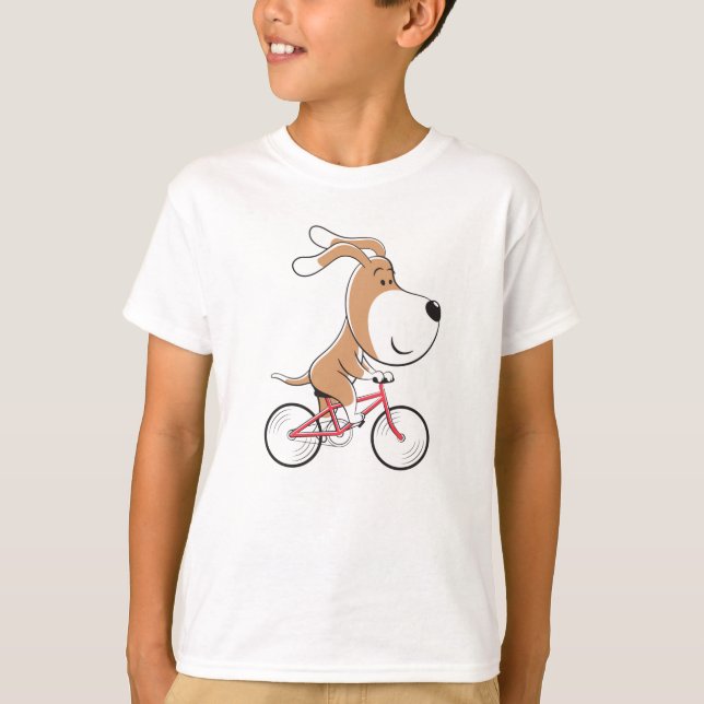 Cartoon Funny Cute Dog Puppy Biking Bicycle Boy T-Shirt (Front)
