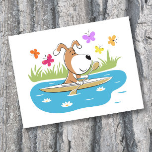 Cartoon Funny Cute Dog Puppy Kayaking Kayak Sport Postcard