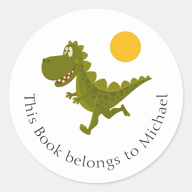 Cartoon Funny Dinosaur Dino Jurassic Sun Bookplate Classic Round Sticker (Front)