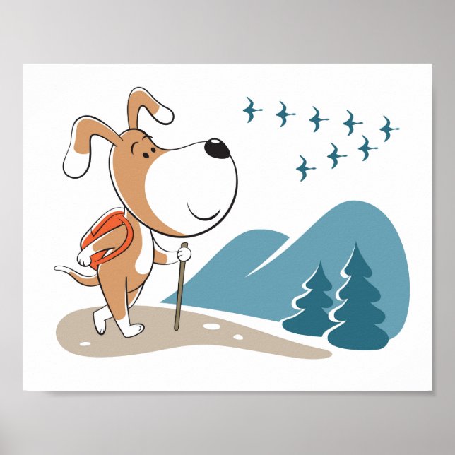 Cartoon Funny Dog Puppy Hiking Woodland Mountains Poster (Front)