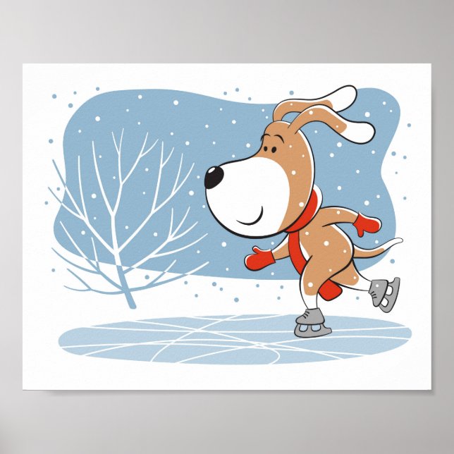 Cartoon Funny Dog Puppy Ice Skating Winter Poster (Front)