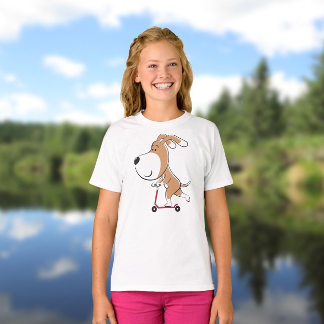 Cartoon Funny Dog Puppy Kick Scooter Girl T-Shirt (Creator Uploaded)