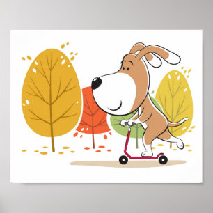 Cartoon Funny Dog Puppy Kick Scooter Poster