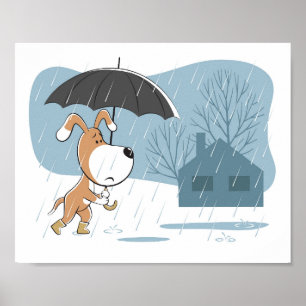 Cartoon Funny Dog Puppy Walking Rain Umbrella Poster