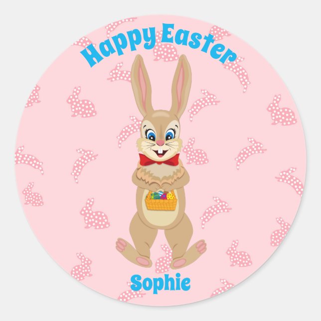 Cartoon Funny Easter Rabbit Bunny Colourful Eggs Classic Round Sticker (Front)