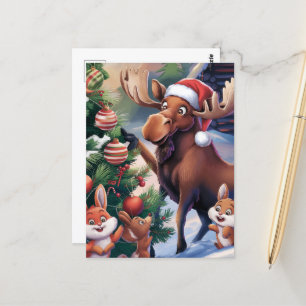 Cartoon Funny Moose Decorating the Christmas Tree Postcard