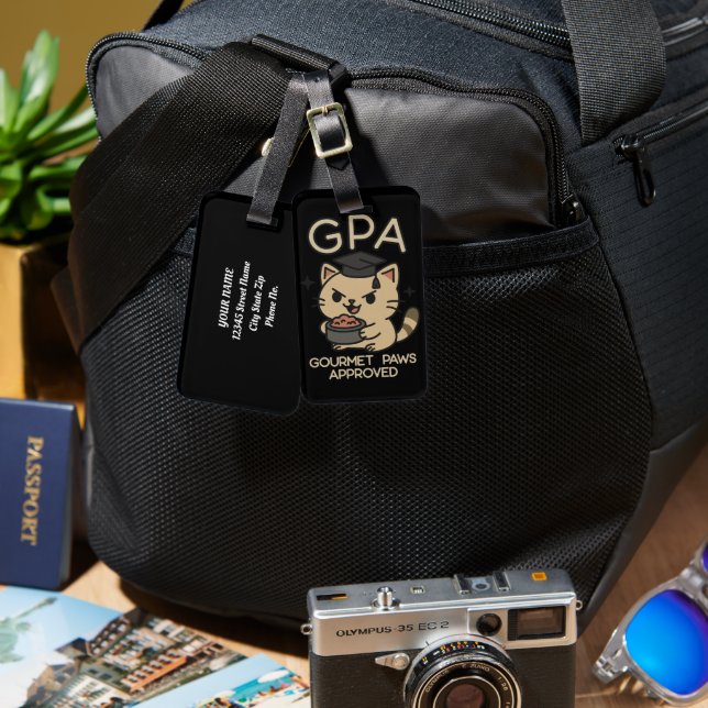 Cartoon Funny Scholar Cat Tuna Paws Luggage Tag (Front & Back)