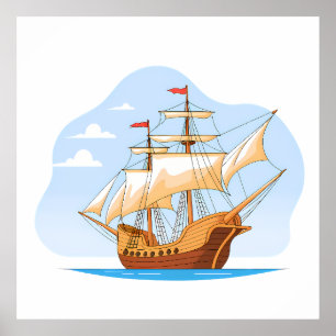 Cartoon Galleon Sailing on Blue Water Poster