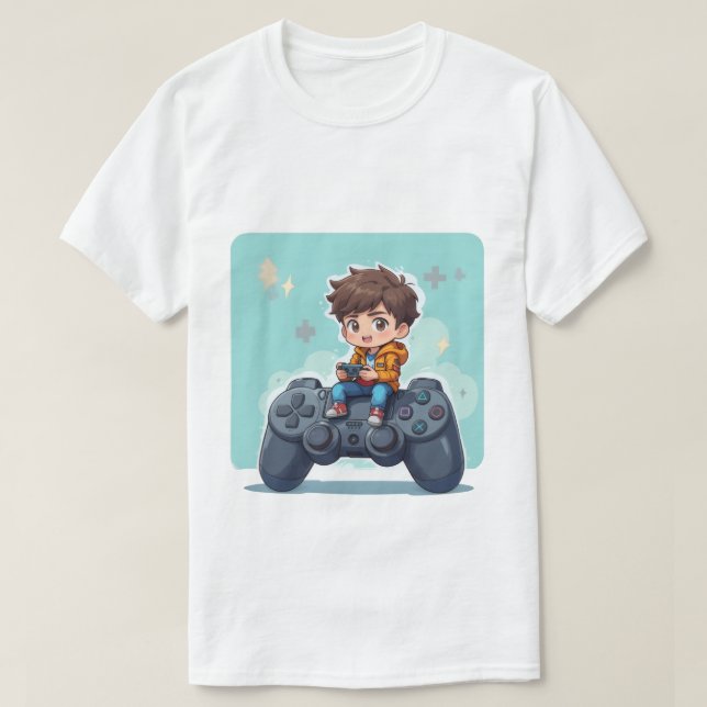 Cartoon Gamer Kid Sitting on PlayStation Controlle T-Shirt (Design Front)