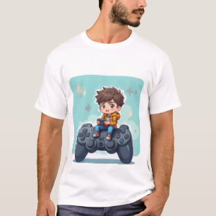 Cartoon Gamer Kid Sitting on PlayStation Controlle T-Shirt