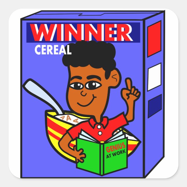 Cartoon Genius Box on Cereal Box Square Sticker (Front)