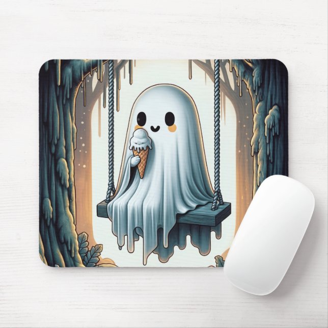 Cartoon Ghost Eating an Ice Cream Cone Mouse Mat (With Mouse)