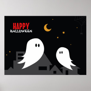 Cartoon ghost in town streets halloween night poster