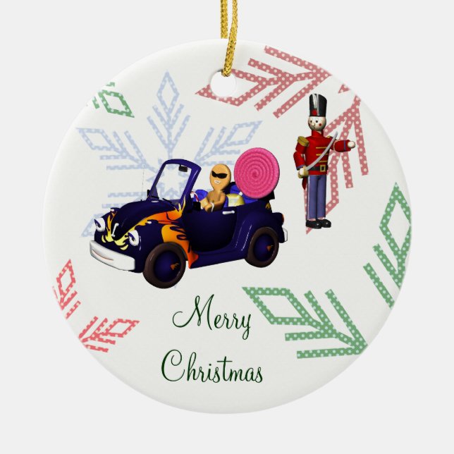 Cartoon Gingerbread Cruising in a Toy Car Ceramic Tree Decoration (Front)