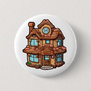Cartoon gingerbread house 6 cm round badge