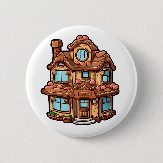 Cartoon gingerbread house 6 cm round badge (Front)