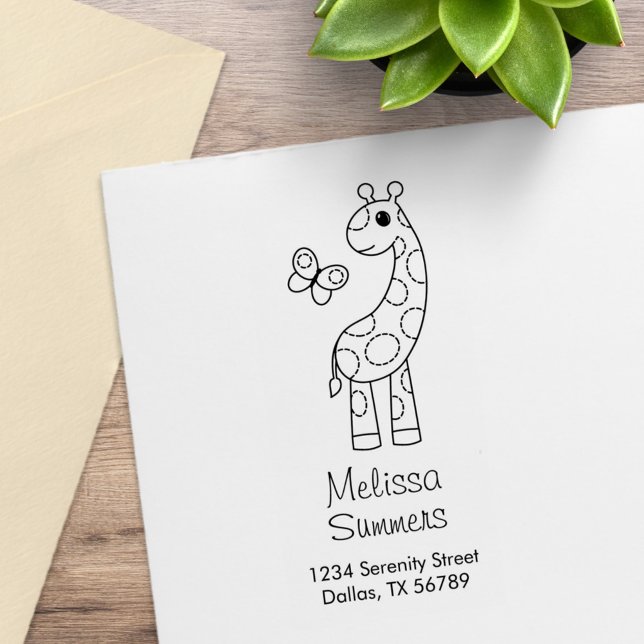 Cartoon Giraffe and Butterfly Colour Me Address Rubber Stamp (Creator Uploaded)