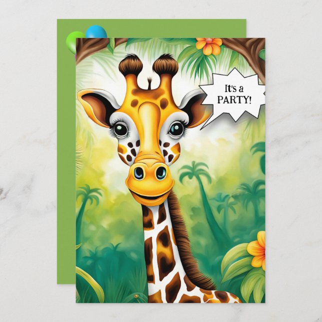 Cartoon Giraffe Birthday Party Invitation (Front/Back)