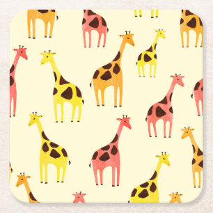 Cartoon Giraffe: Colourful Vintage Pattern. Square Paper Coaster