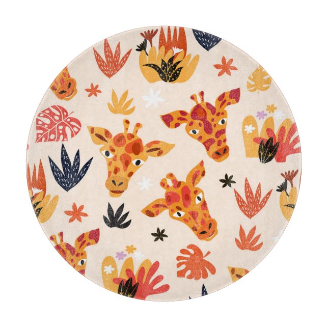 Cartoon Giraffe: Floral Savanna Pattern Cutting Board (Front)