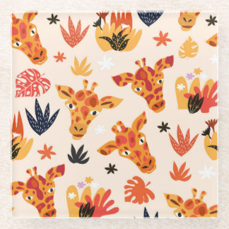 Cartoon Giraffe: Floral Savanna Pattern Glass Coaster