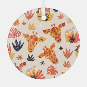 Cartoon Giraffe: Floral Savanna Pattern Glass Tree Decoration