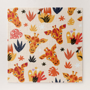 Cartoon Giraffe: Floral Savanna Pattern Jigsaw Puzzle
