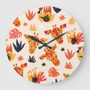 Cartoon Giraffe: Floral Savanna Pattern Large Clock