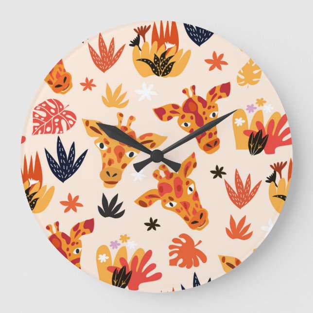Cartoon Giraffe: Floral Savanna Pattern Large Clock (Front)