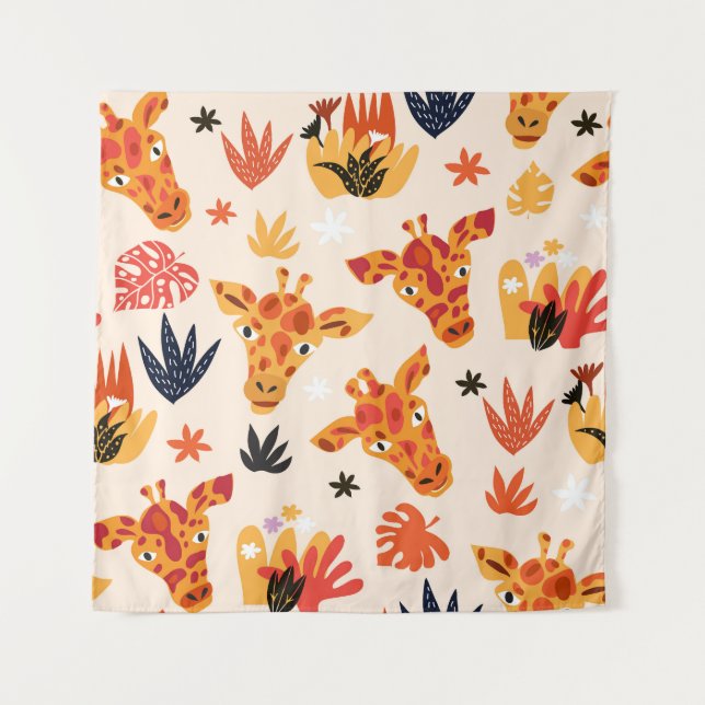 Cartoon Giraffe: Floral Savanna Pattern Tapestry (Front)