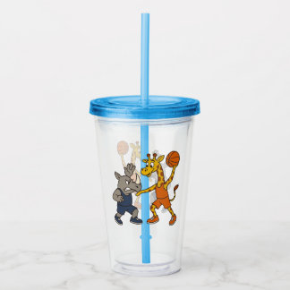 Cartoon giraffe & rhino playing basketball acrylic tumbler