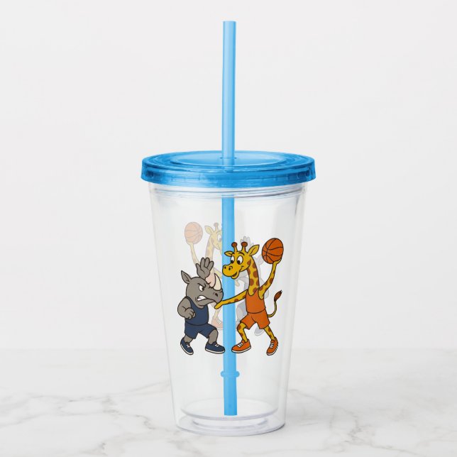 Cartoon giraffe & rhino playing basketball acrylic tumbler (Front)