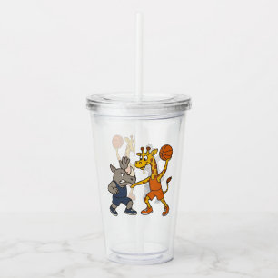 Cartoon giraffe & rhino playing basketball acrylic tumbler
